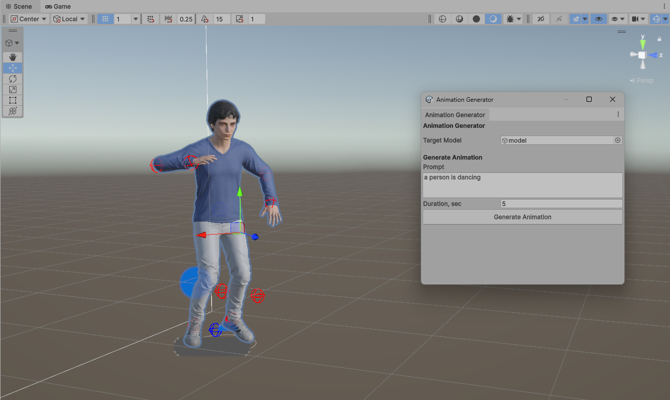 The Animation Generator window docked over the Unity Scene view with a character selected