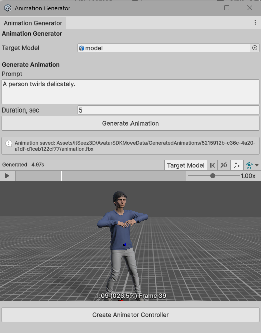 The Animation Generator window showing the generated clip playing in the preview, with a Create Animator Controller button