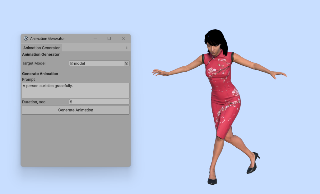 The Animation Generator window with a prompt entered, next to a character performing the generated animation