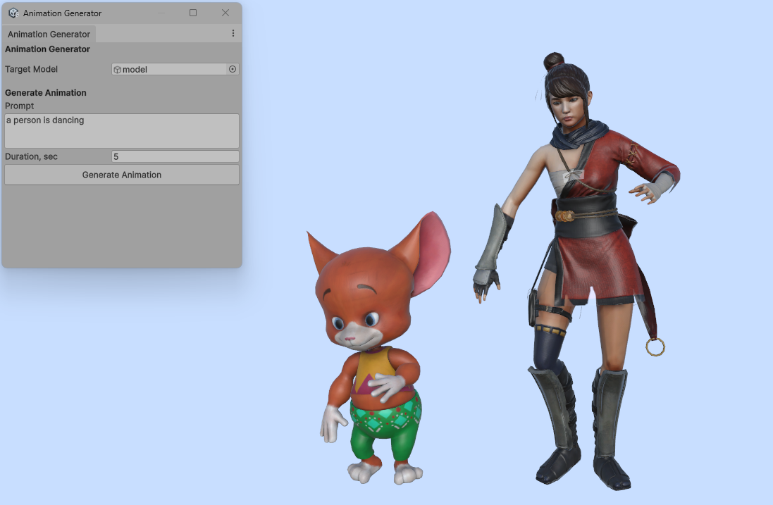 A stylized cartoon character and a realistic character performing the same generated animation
