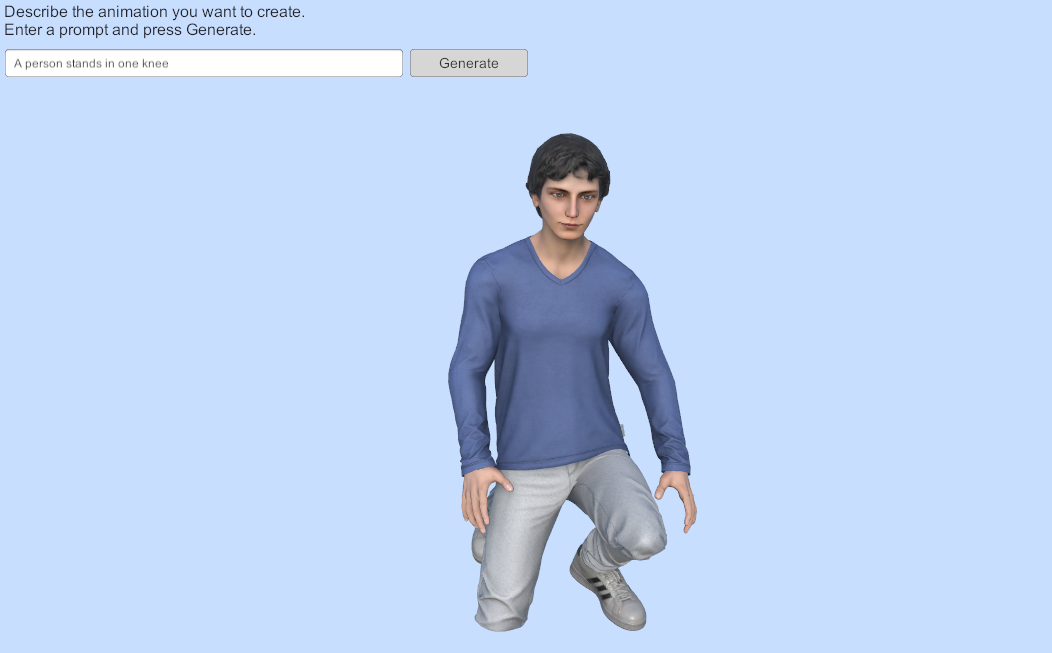 A running application with a prompt field, a Generate button, and a character kneeling on one knee