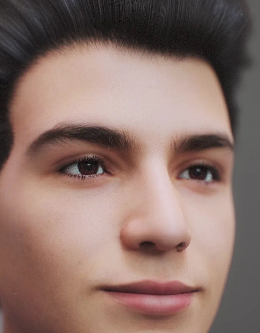 Close-up of a photorealistic 3D avatar face showing skin, eye and hair detail