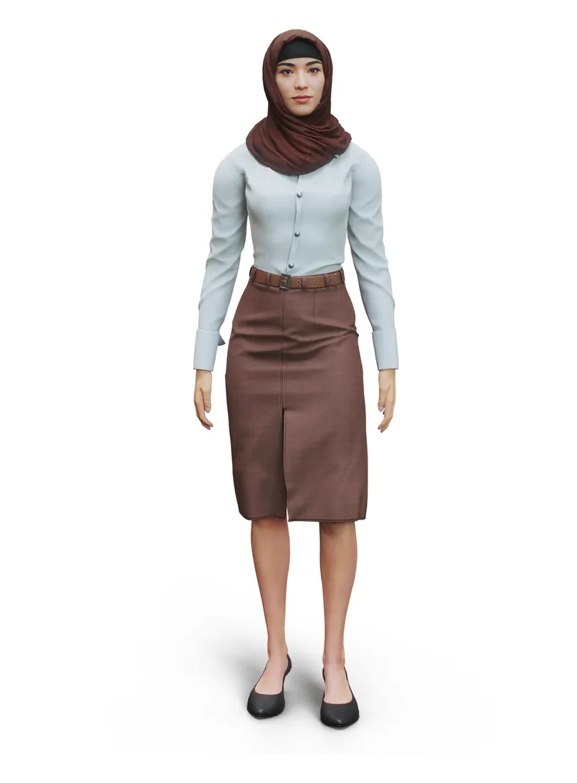 Full-body 3D avatar of a woman in a hijab, created from a photo with MetaPerson Creator